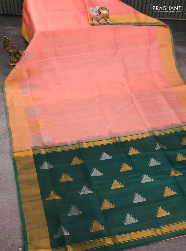 Pure uppada silk saree peach orange and green with silver & gold zari woven temple buttas and temple design zari woven border