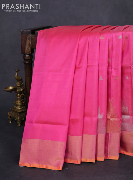 Pure uppada silk saree candy pink and yellow with silver & gold zari woven temple buttas and temple design zari woven border
