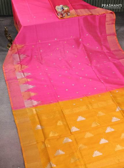 Pure uppada silk saree candy pink and yellow with silver & gold zari woven temple buttas and temple design zari woven border