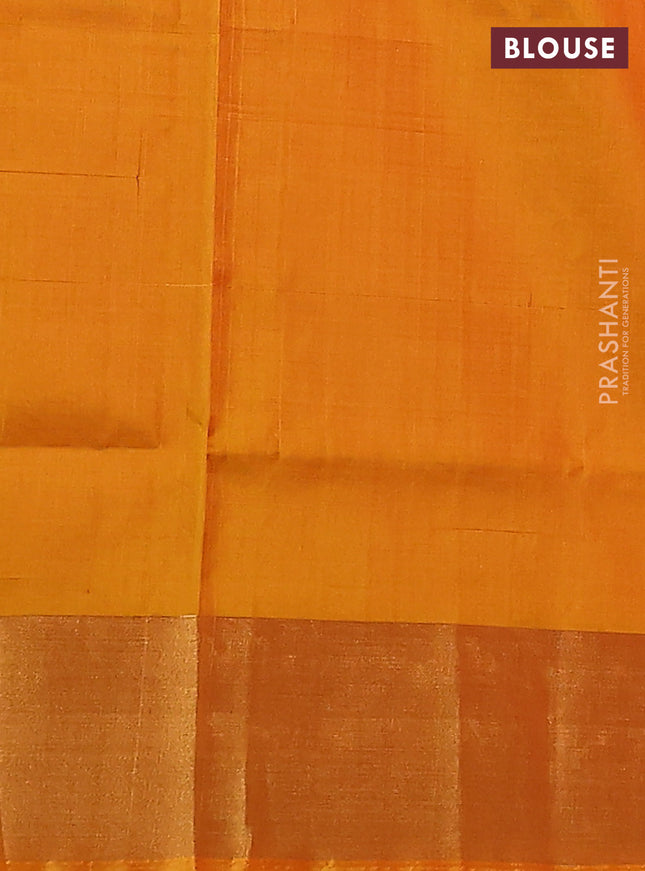 Pure uppada silk saree candy pink and yellow with silver & gold zari woven temple buttas and temple design zari woven border