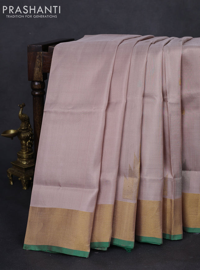 Pure uppada silk saree pastel peach shade and green with silver & gold zari woven temple buttas and temple design zari woven border