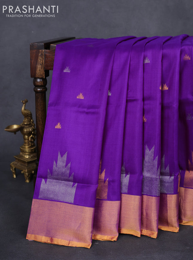 Pure uppada silk saree purple and yellow with silver & gold zari woven temple buttas and temple design zari woven border