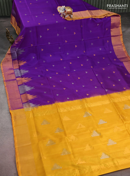 Pure uppada silk saree purple and yellow with silver & gold zari woven temple buttas and temple design zari woven border