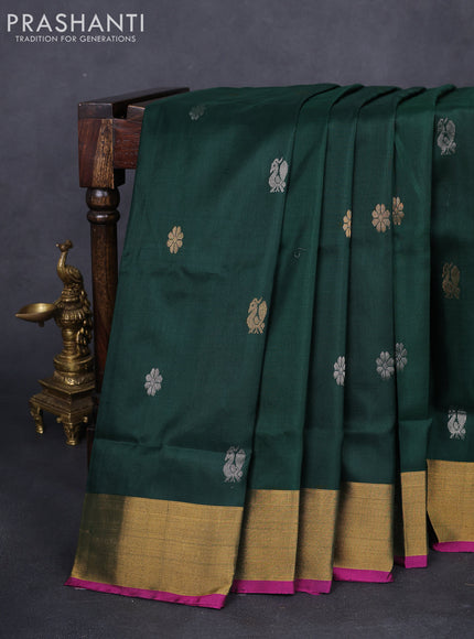 Pure uppada silk saree dark green and pink with silver & gold zari woven buttas and zari woven border