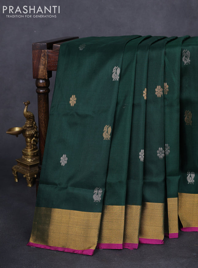 Pure uppada silk saree dark green and pink with silver & gold zari woven buttas and zari woven border
