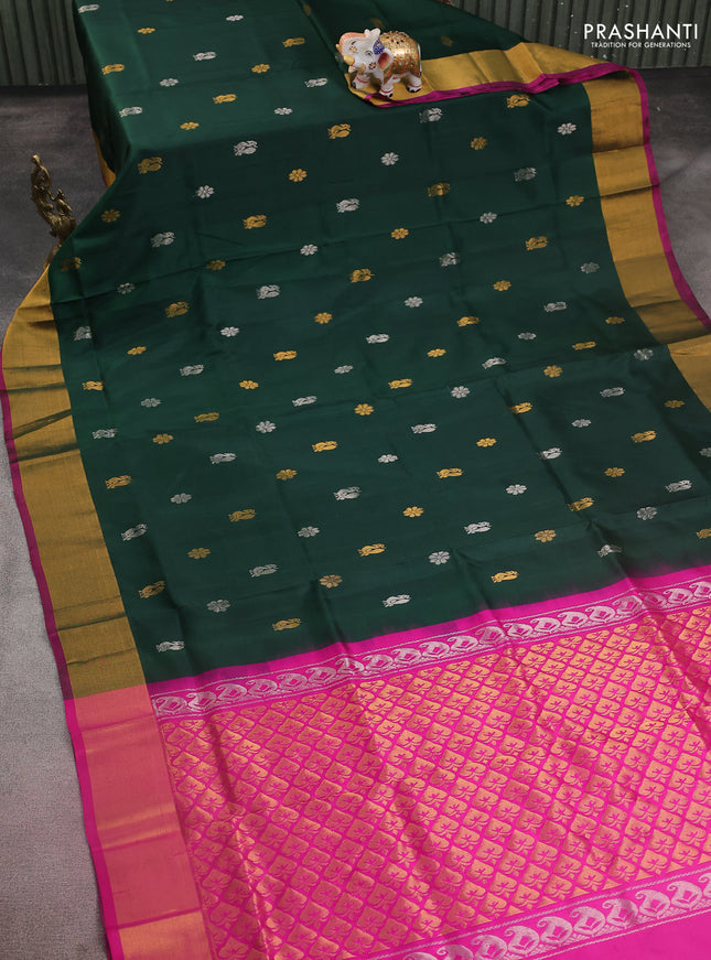 Pure uppada silk saree dark green and pink with silver & gold zari woven buttas and zari woven border