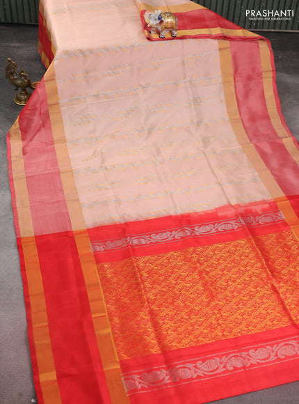 Pure uppada silk saree sandal and red with allover silver & gold zari weaves and long rettapet zari woven border