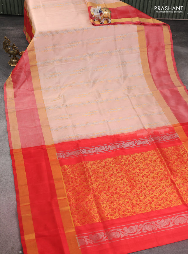 Pure uppada silk saree sandal and red with allover silver & gold zari weaves and long rettapet zari woven border