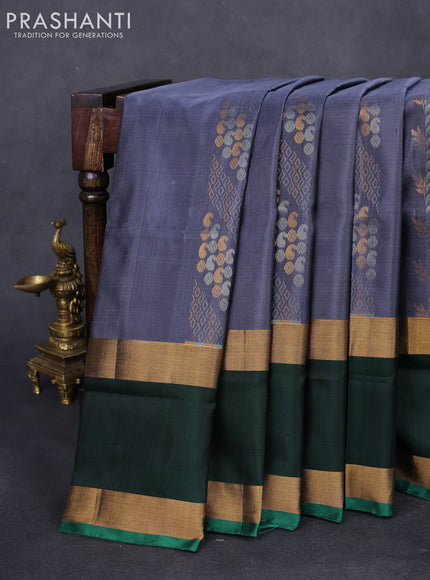 Pure uppada silk saree grey and dark green with allover silver & gold zari weaves and long rettapet zari woven border