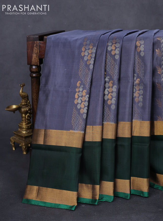 Pure uppada silk saree grey and dark green with allover silver & gold zari weaves and long rettapet zari woven border