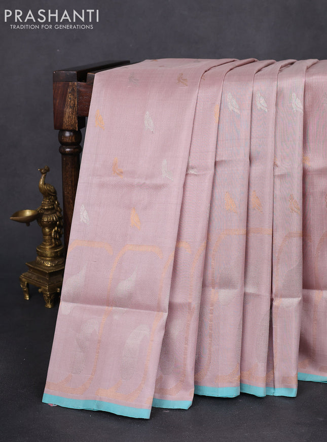 Pure uppada silk saree beige and teal blue with silver & gold zari woven buttas and long zari woven border