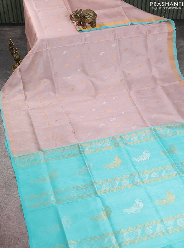 Pure uppada silk saree beige and teal blue with silver & gold zari woven buttas and long zari woven border
