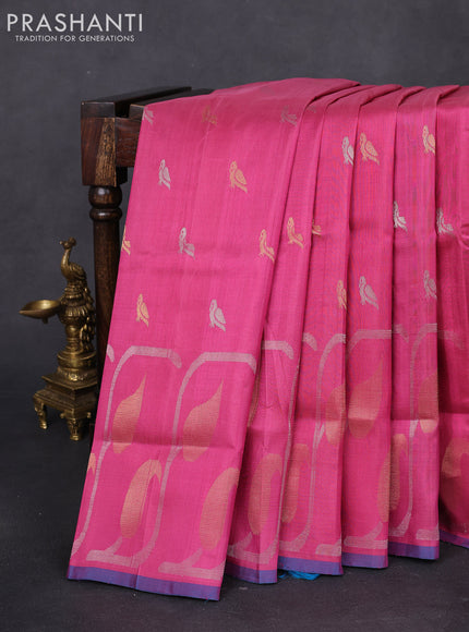 Pure uppada silk saree pink and cs blue with silver & gold zari woven buttas and long zari woven border