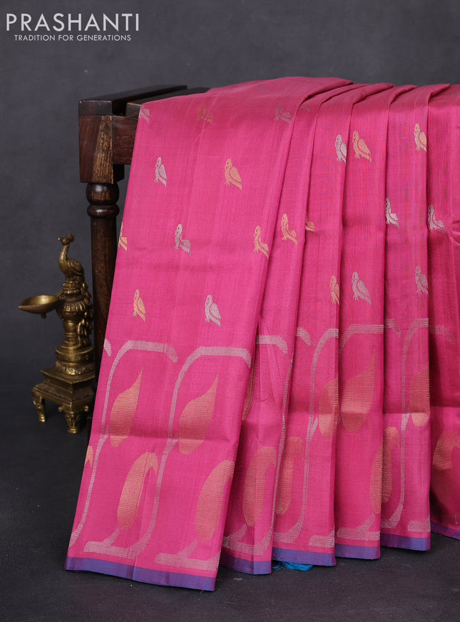 Pure uppada silk saree pink and cs blue with silver & gold zari woven buttas and long zari woven border