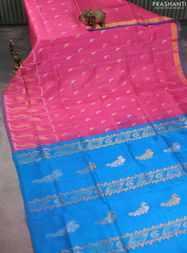 Pure uppada silk saree pink and cs blue with silver & gold zari woven buttas and long zari woven border
