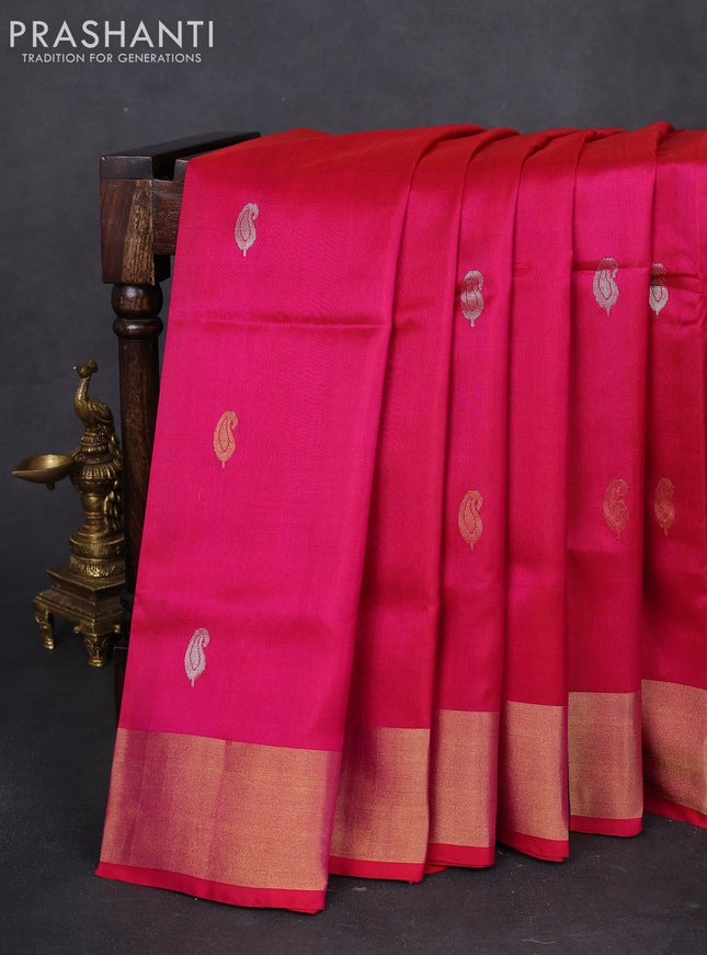 Pure uppada silk saree pink with silver & gold zari woven paisley buttas and zari woven border