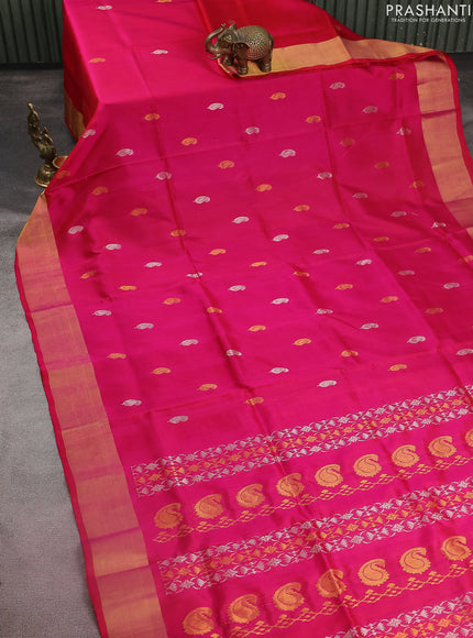 Pure uppada silk saree pink with silver & gold zari woven paisley buttas and zari woven border