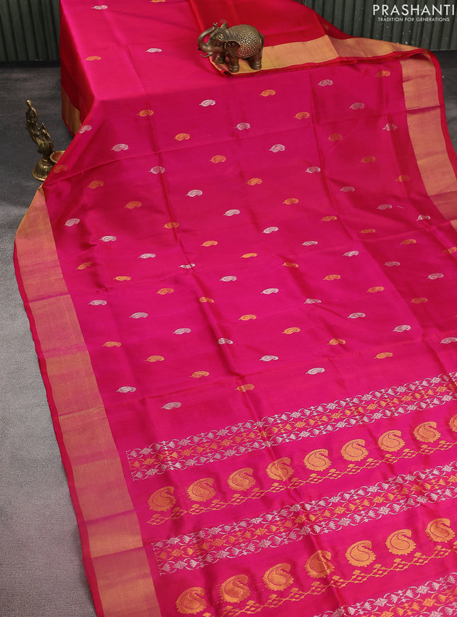 Pure uppada silk saree pink with silver & gold zari woven paisley buttas and zari woven border