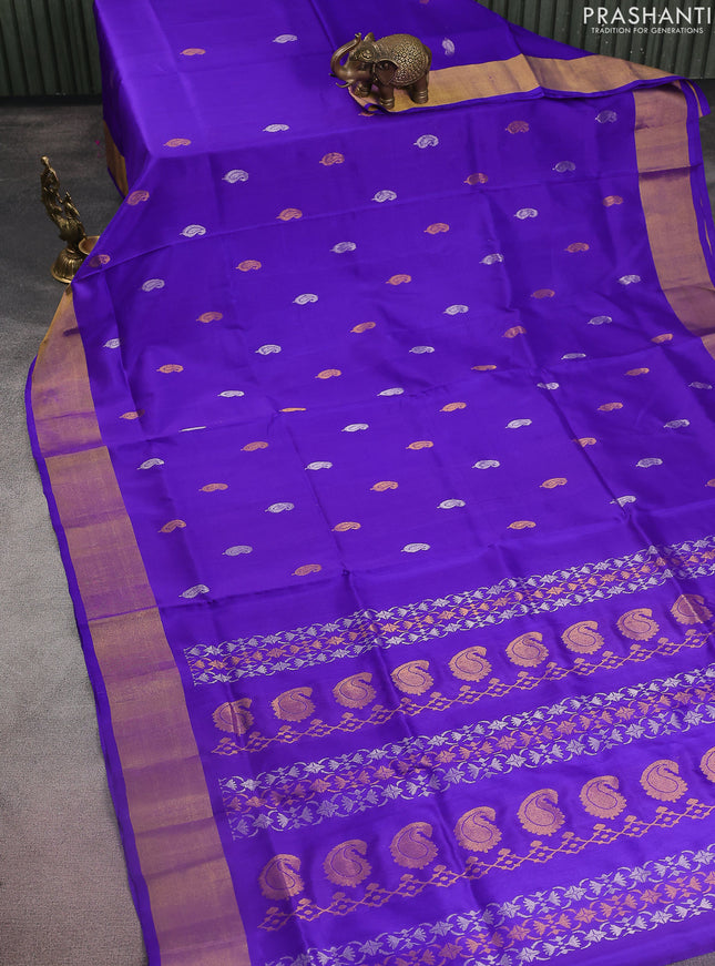 Pure uppada silk saree royal blue with silver & gold zari woven paisley buttas and zari woven border