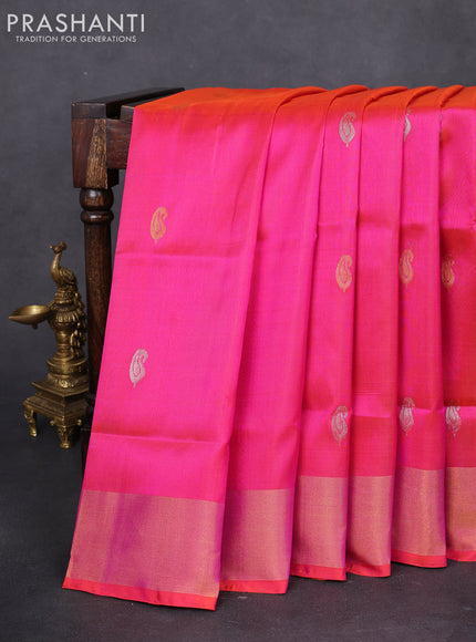 Pure uppada silk saree dual shade of pinkish orange with silver & gold zari woven paisley buttas and zari woven border