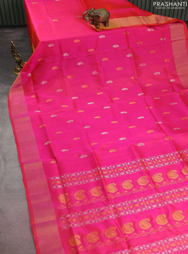 Pure uppada silk saree dual shade of pinkish orange with silver & gold zari woven paisley buttas and zari woven border