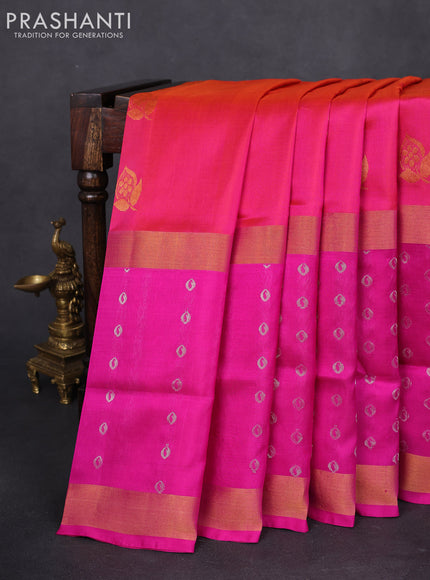 Pure uppada silk saree dual shade of pinkish orange and pink with zari woven buttas and long zari woven butta border