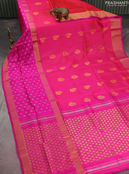 Pure uppada silk saree dual shade of pinkish orange and pink with zari woven buttas and long zari woven butta border