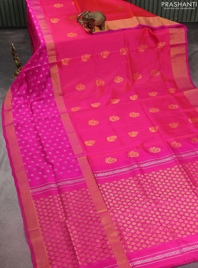 Pure uppada silk saree dual shade of pinkish orange and pink with zari woven buttas and long zari woven butta border