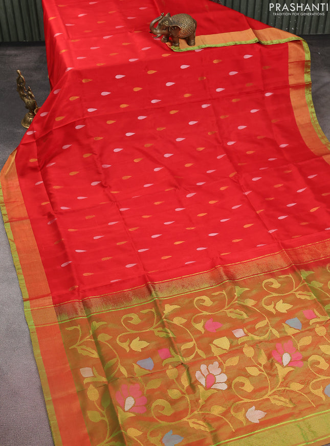 Pure uppada silk saree red and dual shade of green with jamdhani buttas and jamdhani design pallue