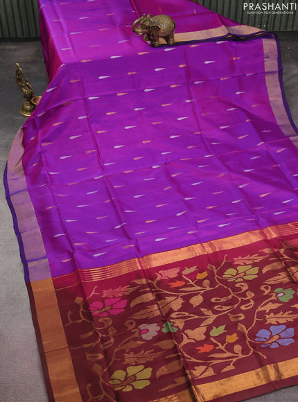 Pure uppada silk saree purple and deep maroon with jamdhani buttas and jamdhani design pallue