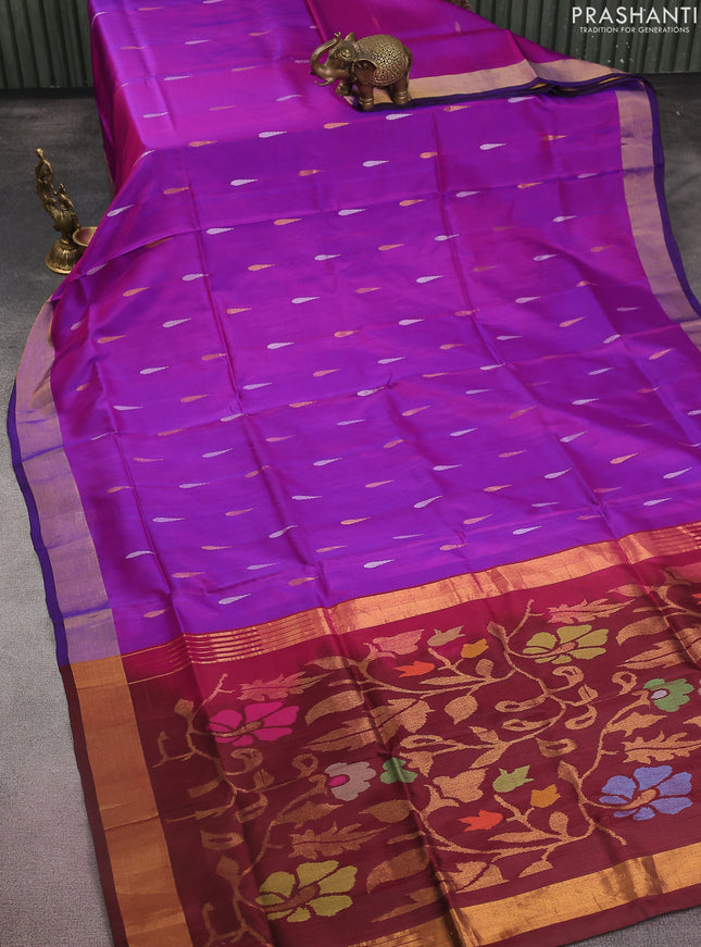 Pure uppada silk saree purple and deep maroon with jamdhani buttas and jamdhani design pallue