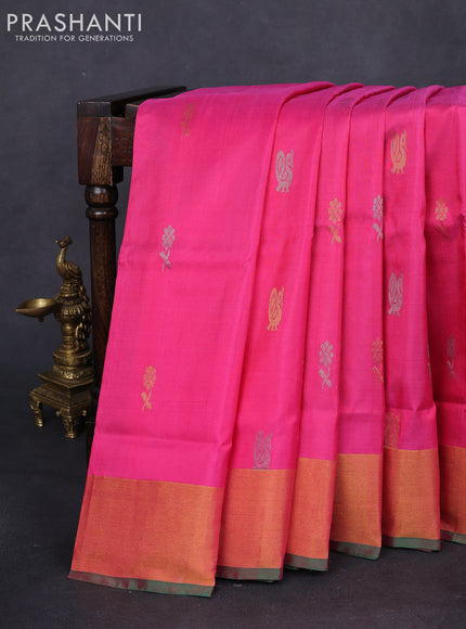 Pure uppada silk saree pink and green with silver & gold zari woven buttas and zari woven border