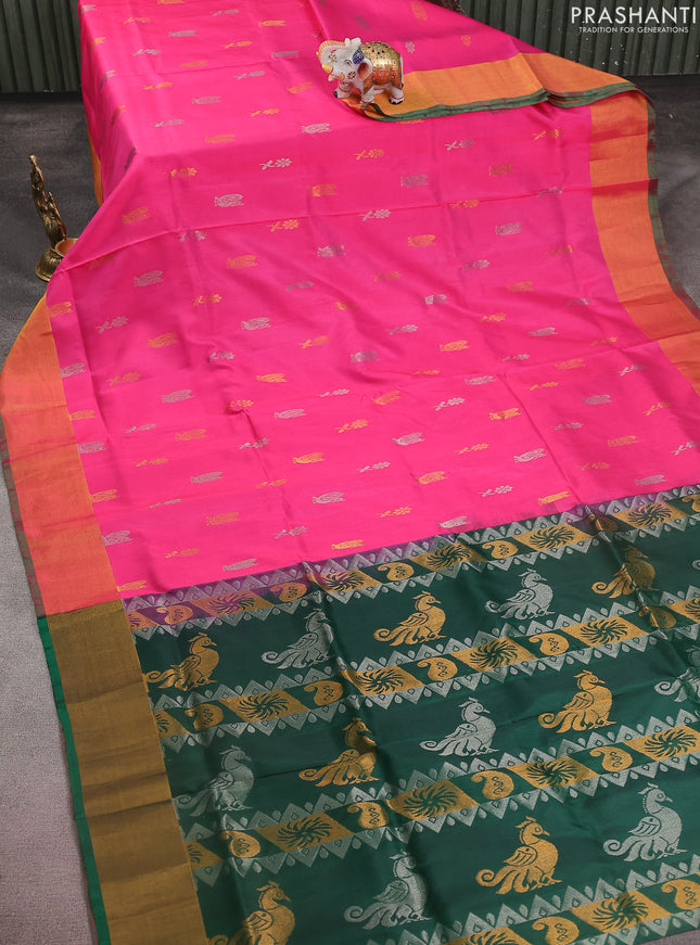 Pure uppada silk saree pink and green with silver & gold zari woven buttas and zari woven border