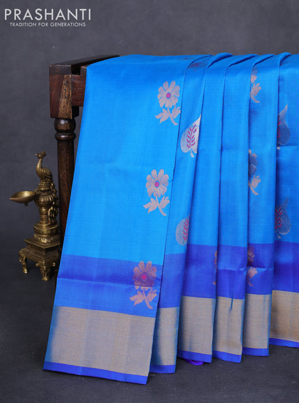 Pure uppada silk saree cs blue and blue with silver & gold zari woven buttas and zari woven border