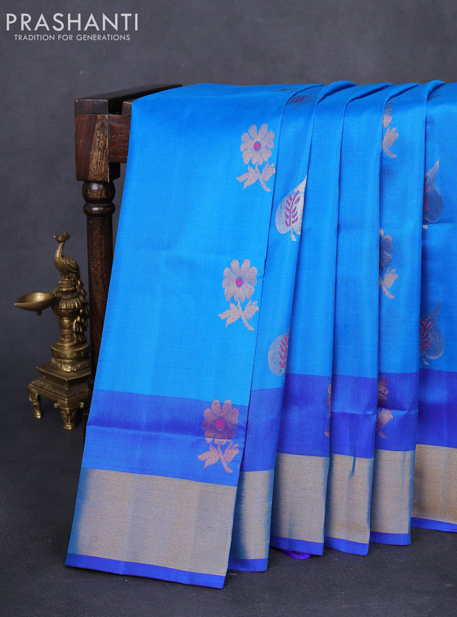 Pure uppada silk saree cs blue and blue with silver & gold zari woven buttas and zari woven border