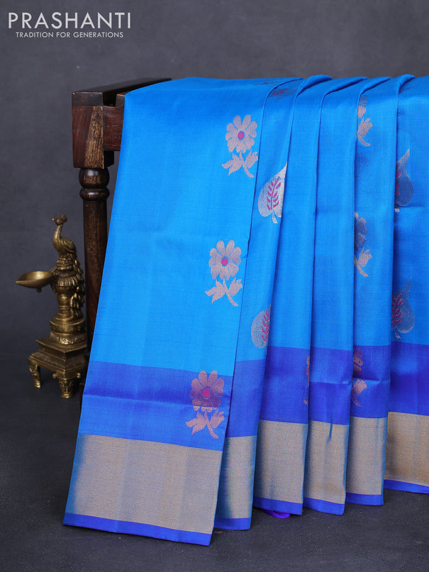 Pure uppada silk saree cs blue and blue with silver & gold zari woven buttas and zari woven border