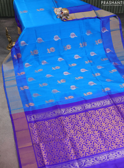 Pure uppada silk saree cs blue and blue with silver & gold zari woven buttas and zari woven border