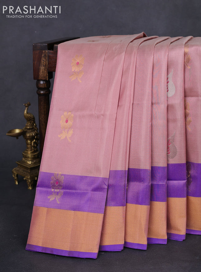 Pure uppada silk saree pastel peach shade and blue with silver & gold zari woven buttas and zari woven border