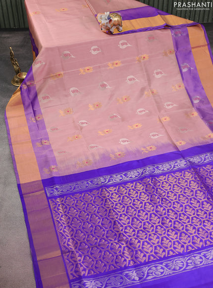 Pure uppada silk saree pastel peach shade and blue with silver & gold zari woven buttas and zari woven border