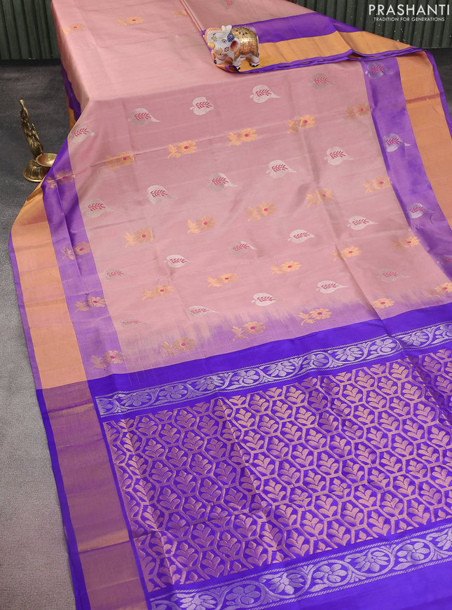 Pure uppada silk saree pastel peach shade and blue with silver & gold zari woven buttas and zari woven border