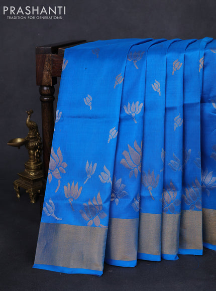 Pure uppada silk saree cs blue with silver & gold zari woven floral buttas and zari woven border