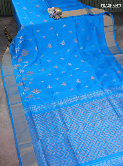 Pure uppada silk saree cs blue with silver & gold zari woven floral buttas and zari woven border