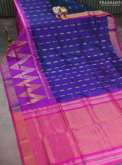 Pure uppada silk saree dual shade of bluish green and purple with allover silver & gold zari buttas and long zari woven border