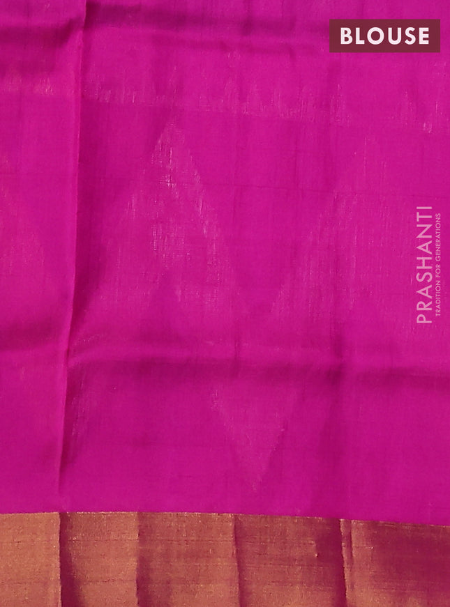 Pure uppada silk saree dual shade of bluish green and purple with allover silver & gold zari buttas and long zari woven border