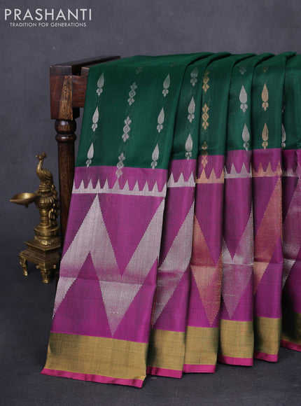 Pure uppada silk saree dark green and pink with allover silver & gold zari buttas and long zari woven border