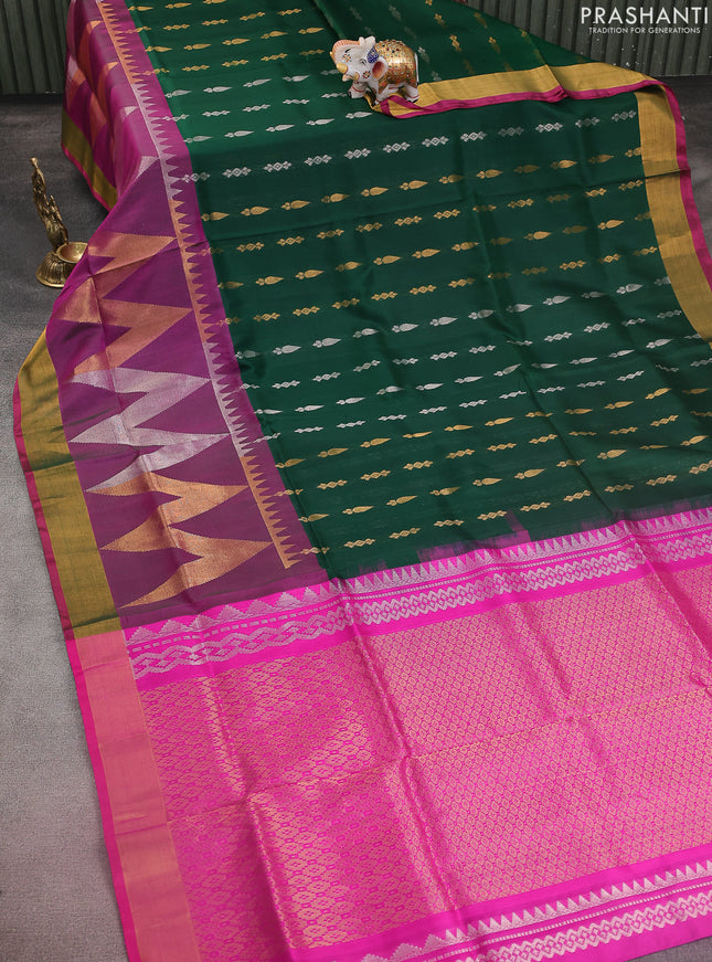 Pure uppada silk saree dark green and pink with allover silver & gold zari buttas and long zari woven border