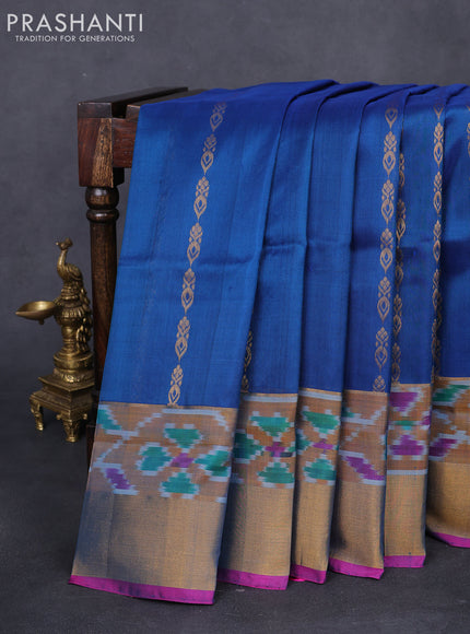 Pure uppada silk saree peacock blue and pink with allover zari weaves and zari woven ikat style border