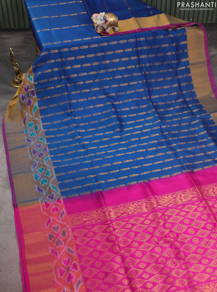 Pure uppada silk saree peacock blue and pink with allover zari weaves and zari woven ikat style border