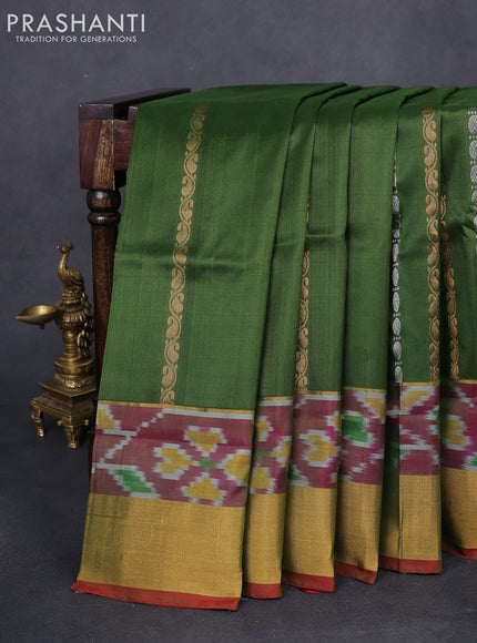 Pure uppada silk saree sap green and red with allover silver & gold zari weaves and zari woven ikat style border