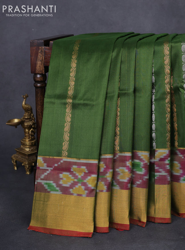 Pure uppada silk saree sap green and red with allover silver & gold zari weaves and zari woven ikat style border